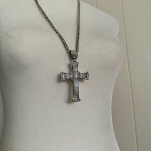 Steel Chain Rhinestone Cross Necklace | Silver Tone | Costume Jewelry